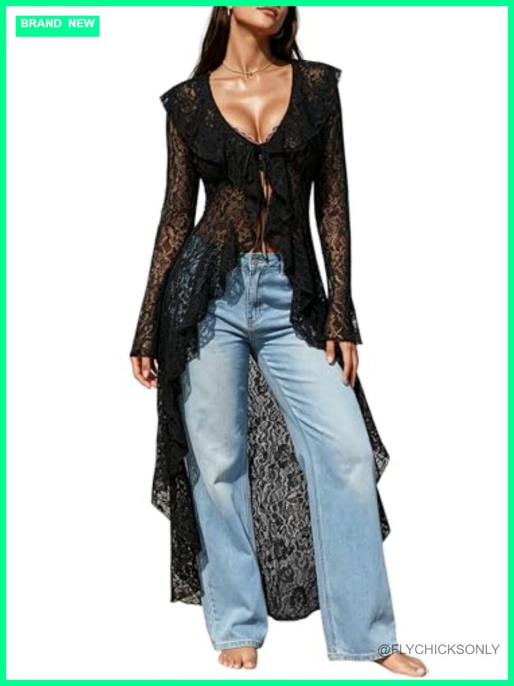 Women's Lace Cardigan Mesh Sheer Bell Sleeve Tie Front Maxi Duster